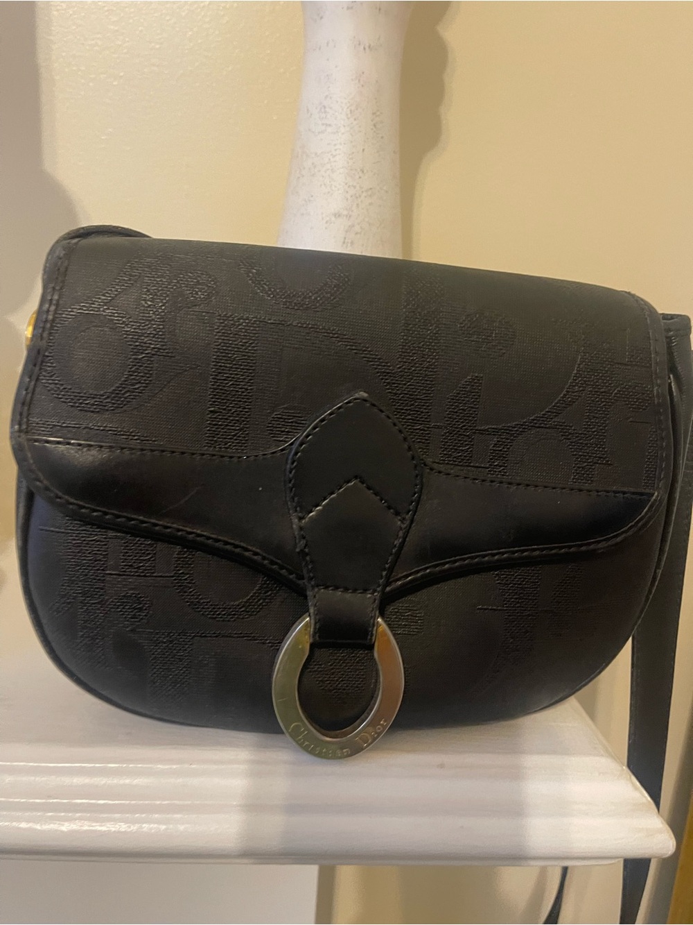 Vintage Christian Dior Black Crossbody Saddle Bag with Gold Ring Accent